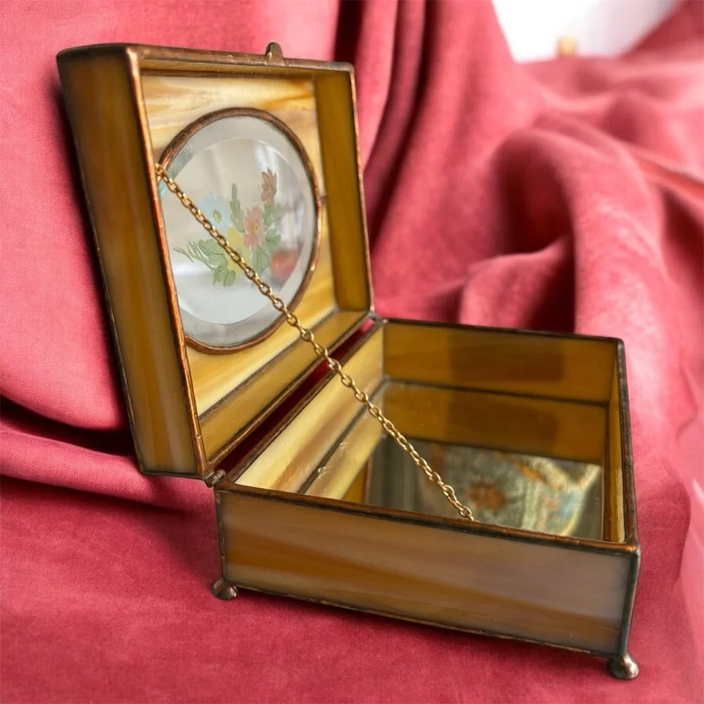 Vintage Stained Glass Jewelry Box with Mirror and Hand Painted Flowers